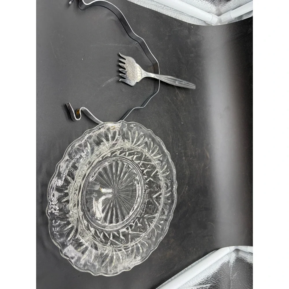 Vintage Pressed Glass Relish Dish with Chrome Handle and‎ Serving Fork Set